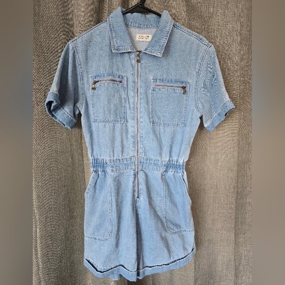 Molly Bracken Collared Denim Short Sleeve Romper Size Medium Retro - Picture 1 of 4
